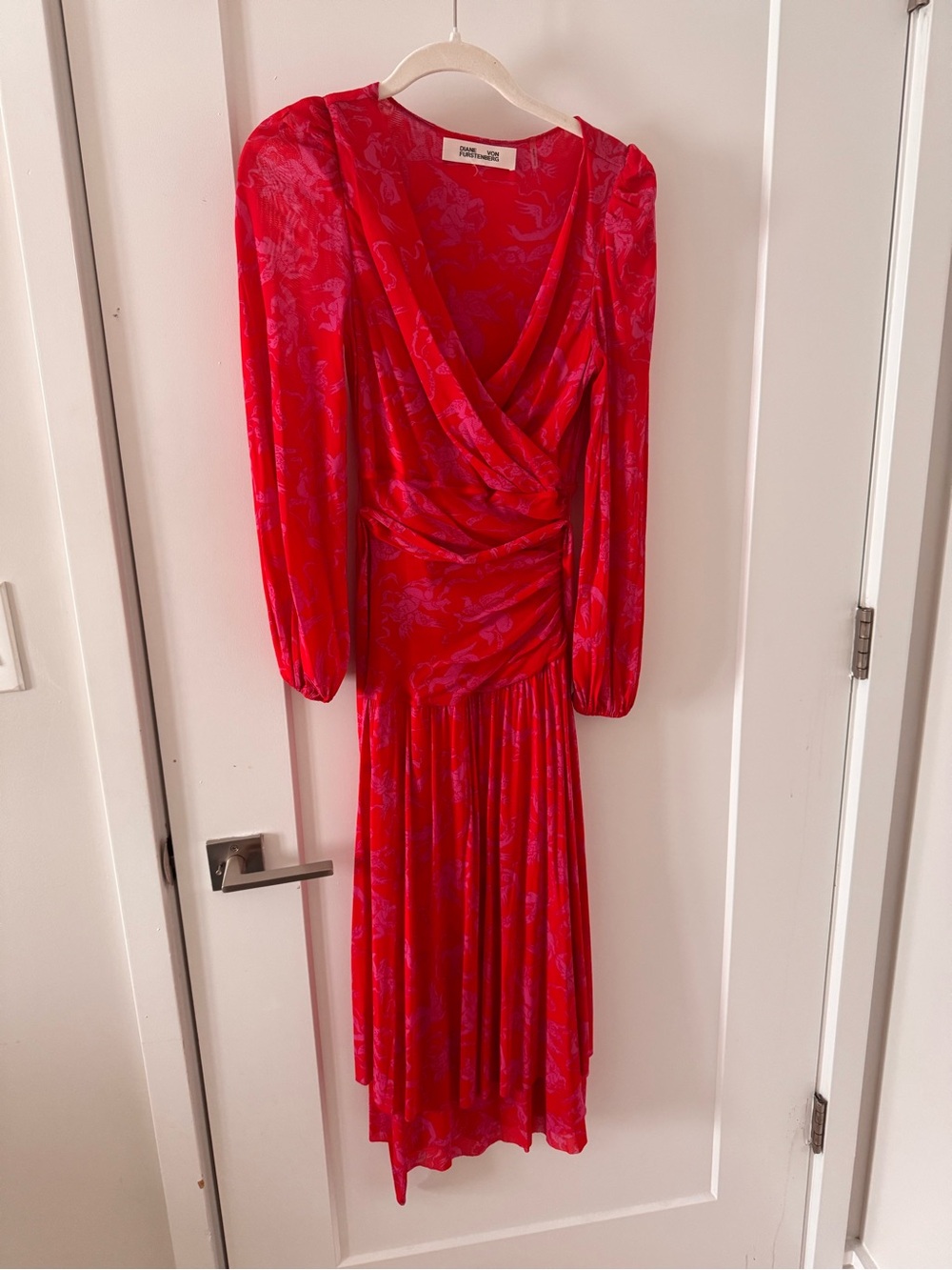 Diane Von Furstenberg Catalina Tiered Red/Lavender Draped Long Sleeve Midi Dress - Picture 2 of 4